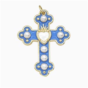 Copper Cross Pendant Pave Resin Blue Enamel Gold Plated, approx 25-32mm [FD26217]