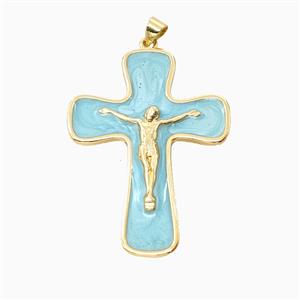 Copper Crucifix Cross Pendant Teal Enamel Gold Plated, approx 31-44mm [FD26223]