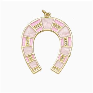 Copper Horse-Shoe Pendant Pave Zirconia Pink Enamel Gold Plated, approx 27-32mm [FD26225]