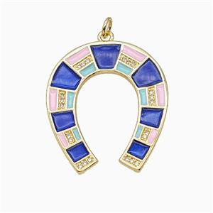 Copper Horse-Shoe Pendant Pave Zirconia Blue Enamel Gold Plated, approx 27-32mm [FD26226]