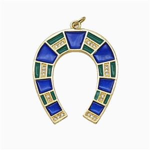 Copper Horse-Shoe Pendant Pave Zirconia Blue Enamel Gold Plated, approx 27-32mm [FD26227]