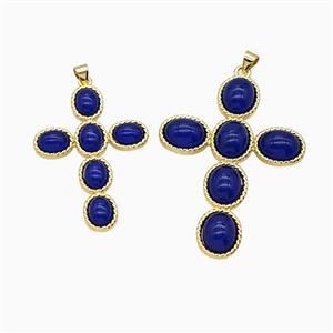 Copper Cross PEndant Pave Blue Catseye Glass Gold Plated, approx 37-53mm [FD26241-L]