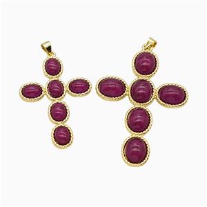 Copper Cross PEndant Pave Red Catseye Glass Gold Plated, approx 37-53mm [FD26243-L]