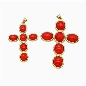 Copper Cross PEndant Pave Red Catseye Glass Gold Plated, approx 37-53mm [FD26245-L]