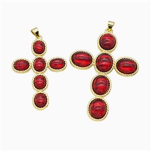 Copper Cross PEndant Pave Red Catseye Glass Gold Plated, approx 37-53mm [FD26246-L]