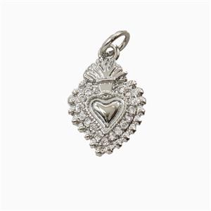 Copper Sacred Heart Pendant Pave Zirconia Platinum Plated, approx 11-14mm [FD26267]