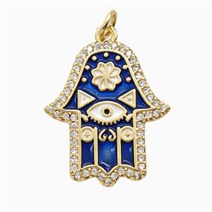 Copper Hamsahand Pendant Pave Zirconia Blue Enamel Gold Plated, approx 20-22mm [FD26308]