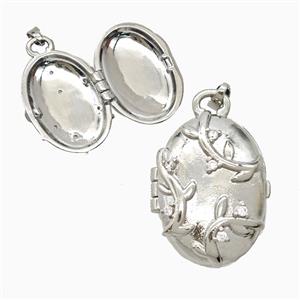 Copper Oval Locket Pendant Pave Zirconia Leaf Platinum Plated, approx 18-24mm [FD26323]
