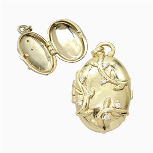 Copper Oval Locket Pendant Pave Zirconia Leaf Gold Plated, approx 18-24mm [FD26324]