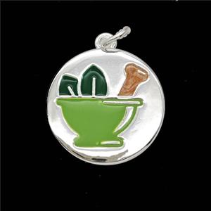 Mortar Pestle and Leaf Charms Copper Pendant Enamel Shiny Silver, approx 18mm [FD26414]