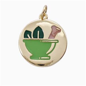 Mortar Pestle and Leaf Charms Copper Pendant Enamel Gold Plated, approx 18mm [FD26415]