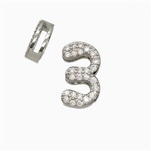 Copper Number-3 Beads Pave Zirconia Flat Hole Platinum Plated, approx 7-14mm, 1.6-10mm hole [FD26558]