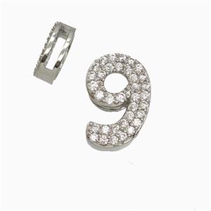 Copper Number-9 Beads Pave Zirconia Flat Hole Platinum Plated, approx 7-14mm, 1.6-10mm hole [FD26564]