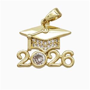 Copper Graduation Cap Pendant Pave Zirconia 2026 Gold Plated, approx 14-18mm [FD26691]