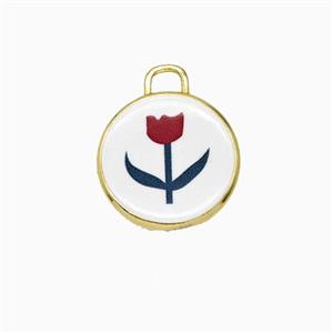 Copper Circle Pendant Painted Flower Gold Plated, approx 17mm [FD26718]