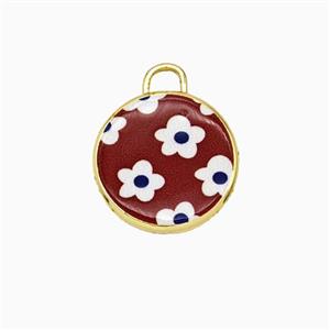 Copper Circle Pendant Painted Flower Gold Plated, approx 17mm [FD26729]