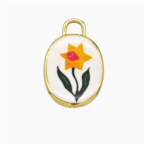 Copper Oval Pendant Painted Flower Gold Plated, approx 13.5-17mm [FD26742]