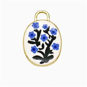 Copper Oval Pendant Painted Flower Gold Plated, approx 13.5-17mm [FD26746]