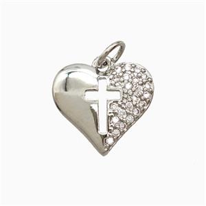 Copper Heart Pendant Pave Zirconia Cross Platinum Plated, approx 15mm [FD27051]