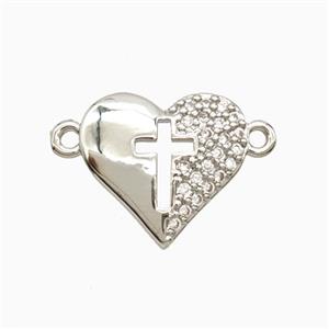 Copper Heart Connector Pave Zirconia Cross Platinum Plated, approx 15mm [FD27053]