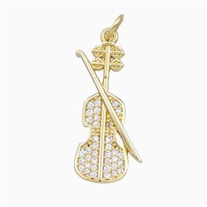Violin Charms Copper Musical Pendant Pave Zirconia Gold Plated, approx 10-25mm [FD27128]
