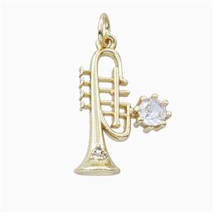Musical Trumpet Charms Copper Pendant Pave Zirconia Gold Plated, approx 13-20mm [FD27134]