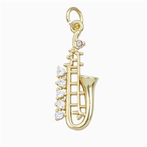 Saxophone Charms Copper Musical Pendant Pave Zirconia Gold Plated, approx 10-23mm [FD27136]