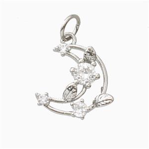 Copper Moom Pendant Pave Zirconia Leaf Platinum Plated, approx 11-13mm [FD27145]