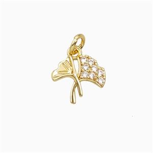 Ginkgo Leaf Charms Copper Pendant Pave Zirconia Gold plated, approx 9mm [FD27157]