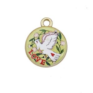 Alloy Coin Pendant Dove Birds Painted Gold Plated, approx 15mm [FD27277]