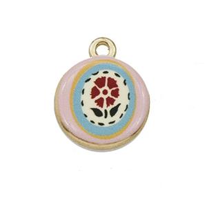 Alloy Coin Pendant Flower Painted Gold Plated, approx 15mm [FD27279]