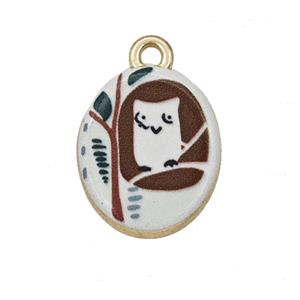 Alloy Oval Pendant Owl Painted Gold Plated, approx 14-17mm [FD27285]