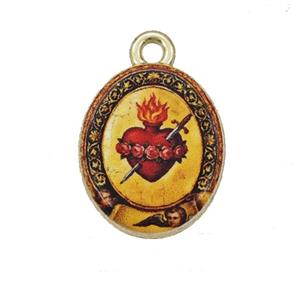Alloy Oval Pendant Sacred Heart Painted Gold Plated, approx 14-17mm [FD27287]