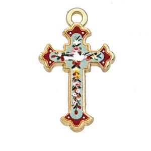Alloy Cross Pendant Flower Painted Gold Plated, approx 15-21mm [FD27316]