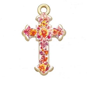 Alloy Cross Pendant Flower Painted Gold Plated, approx 15-21mm [FD27317]