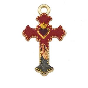 Alloy Cross Pendant Virgin Mary Painted Gold Plated, approx 15-21mm [FD27319]