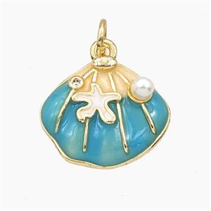 Copper Scallop Shell Pendant Pave Resin Teal Enamel Gold Plated, approx 15-17mm [FD27418]