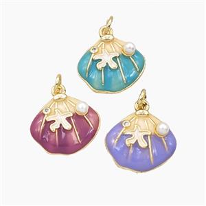 Copper Scallop Shell Pendant Pave Resin Enamel Gold Plated Mixed, approx 15-17mm [FD27421]