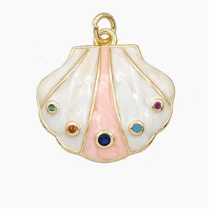 Copper Scallop Shell Pendant Pave Zirconia White Enamel Gold Plated, approx 18-22mm [FD27422]