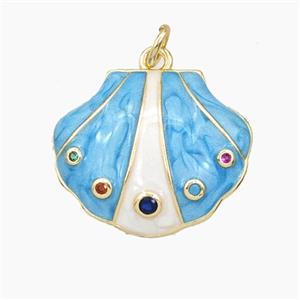 Copper Scallop Shell Pendant Pave Zirconia Blue Enamel Gold Plated, approx 18-22mm [FD27423]