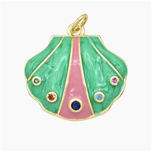 Copper Scallop Shell Pendant Pave Zirconia Green Enamel Gold Plated, approx 18-22mm [FD27425]