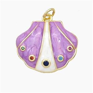 Copper Scallop Shell Pendant Pave Zirconia Purple Enamel Gold Plated, approx 18-22mm [FD27426]