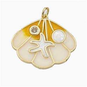 Copper Scallop Shell Pendant Pave Zirconia Starfish White Enamel Gold Plated, approx 20-25mm [FD27428]