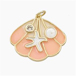 Copper Scallop Shell Pendant Pave Zirconia Starfish Pink Enamel Gold Plated, approx 20-25mm [FD27429]