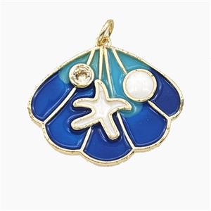 Copper Scallop Shell Pendant Pave Zirconia Starfish Blue Enamel Gold Plated, approx 20-25mm [FD27430]