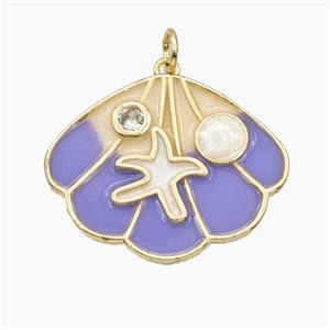 Copper Scallop Shell Pendant Pave Zirconia Starfish Lavender Enamel Gold Plated, approx 20-25mm [FD27431]