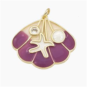 Copper Scallop Shell Pendant Pave Zirconia Starfish Purple Enamel Gold Plated, approx 20-25mm [FD27432]