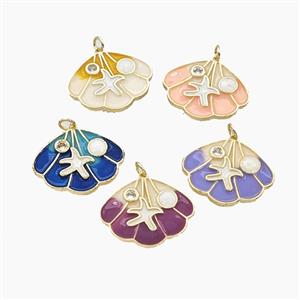 Copper Scallop Shell Pendant Pave Zirconia Starfish Enamel Gold Plated Mixed, approx 20-25mm [FD27433]