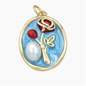 Copper Flower Pendant Pave Resin Enamel Oval Gold Plated, approx 18-21mm [FD27436]