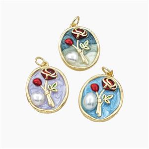 Copper Flower Pendant Pave Resin Enamel Oval Gold Plated Mixed, approx 18-21mm [FD27439]